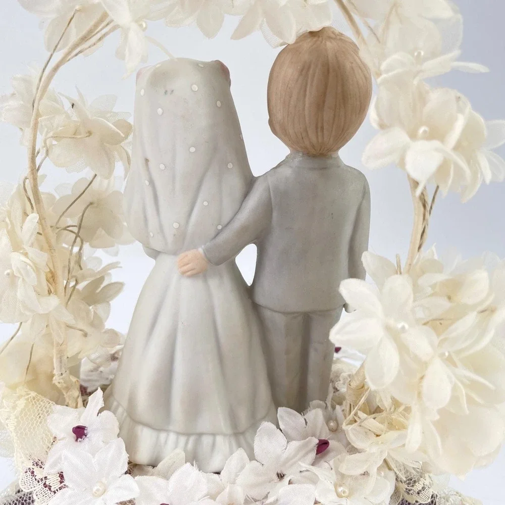 Vintage Wedding Cake Topper Porcelain Bride Groom Floral Arch Lace